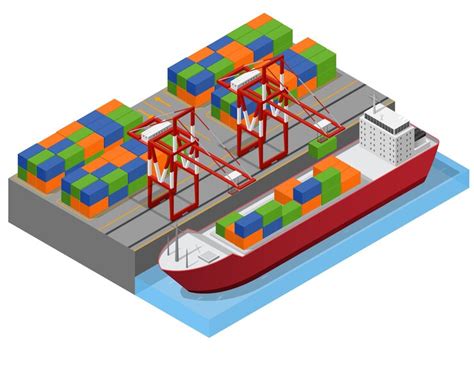 Port town and barge ship isometric view loading color freight ...
