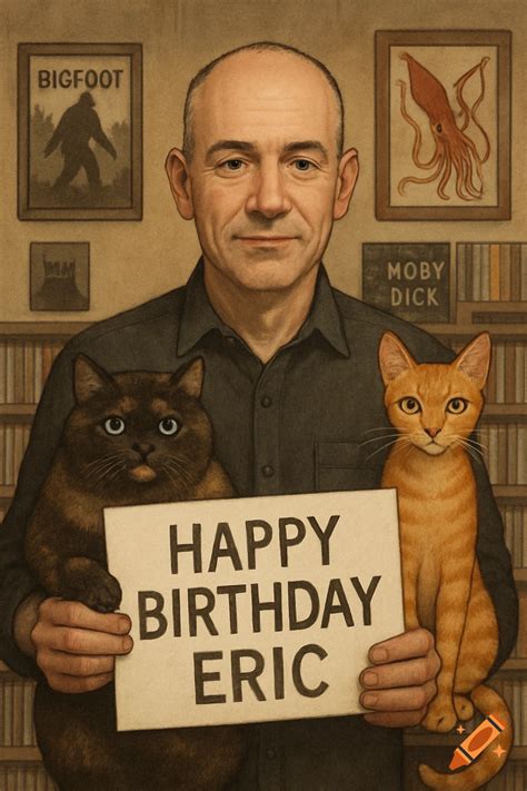 Illustration of a man holding a 'Happy Birthday Eric' sign with two ...