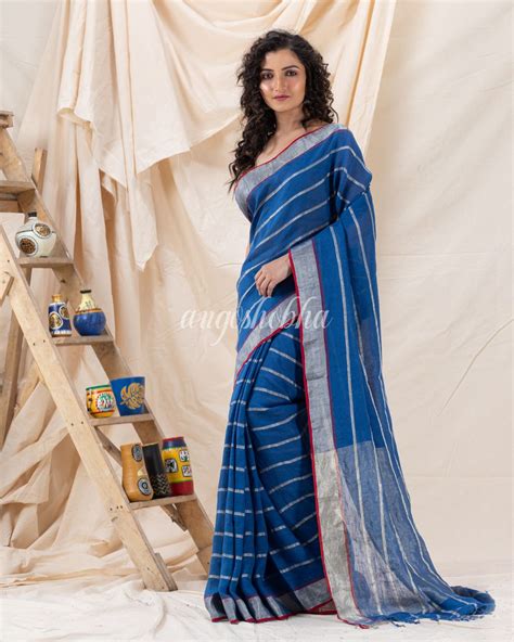 Traditional French Blue Handloom Linen Saree – angoshobha
