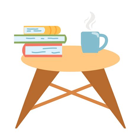 Small table with a stack of books and a cup of coffee or tea in cartoon ...