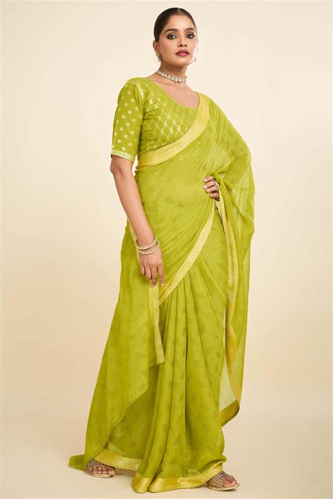 Parrot Green Printed Chiffon Saree with Intricate Woven Edging
