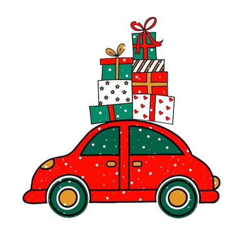 Czerwony samochód załadowany prezentami noworocznymi Świąteczne zakupy ...