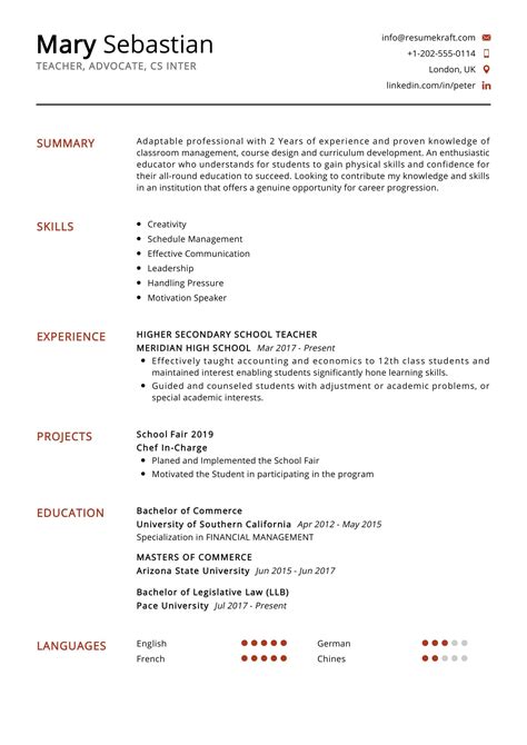 Teacher Resume Template Free Word