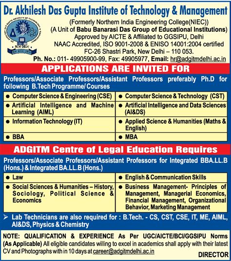 Professors/Associate Professors/Assistant Professors job vacancy at Dr. Akhilesh Das Gupta ...