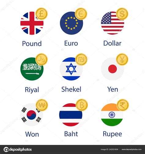 World Currency Flags Symbol Coins Set Collection Stock Vector by ...