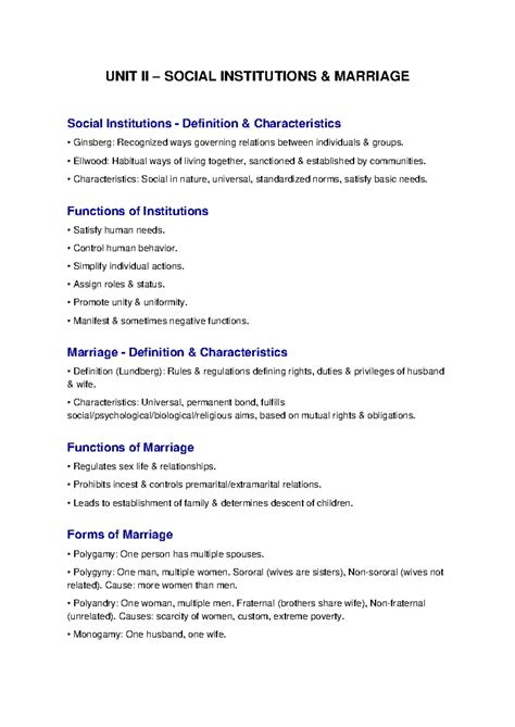 Unit II: Social Institutions - Marriage Notes - Studocu