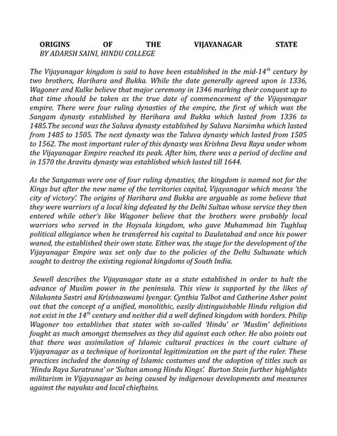 Origins of the Vijayanagar state - ORIGINS OF THE VIJAYANAGAR STATE BY ...