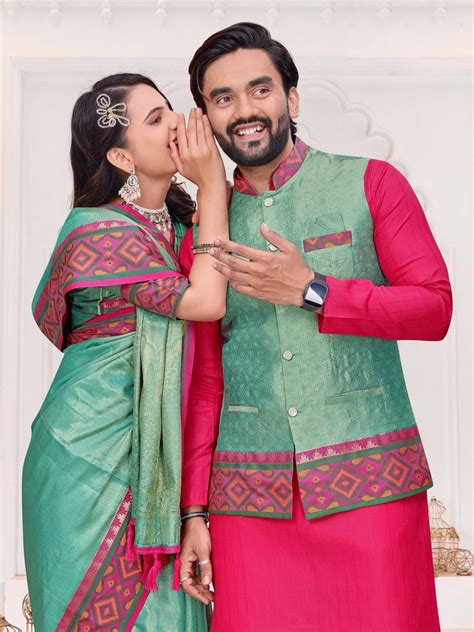 Ethnic Couple Wear Indian Men Kurta Pajama Koti and Women Saree Outfit ...