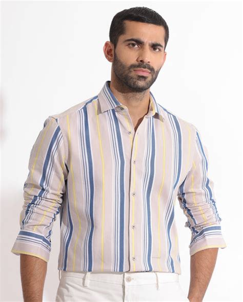 Rare Rabbit Men's Purit Dusky Brown Cotton Striped Print Regular Fit F