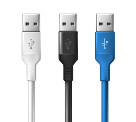 3d realistic vector icon. Set of white, black and blue USB cabel mock ...