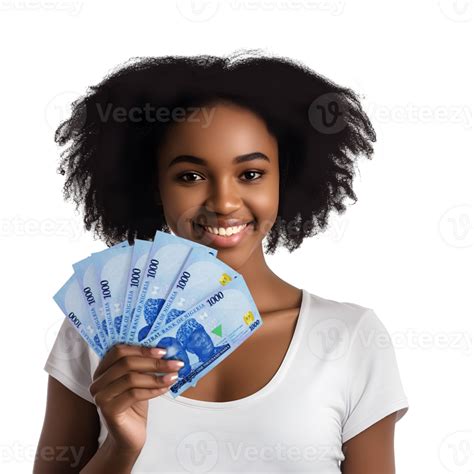 Young beautiful Nigerian woman in corporate wears happily holding naira notes