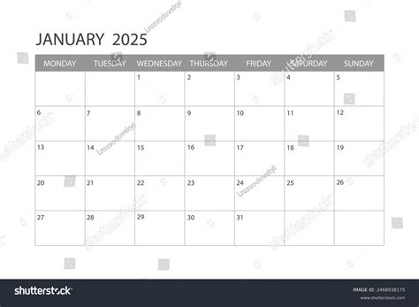 January 2025 Calendar Week Starts On Stock Vector (Royalty Free ...