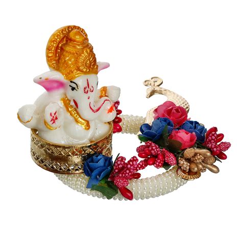 Lord Ganesha Idol on Blue & Pink Floral Pearl Base with Peacock ...