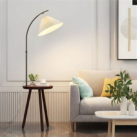 Nordic Colorful Floor Lamp Burlap Shade Floor Light with Wood Table for ...