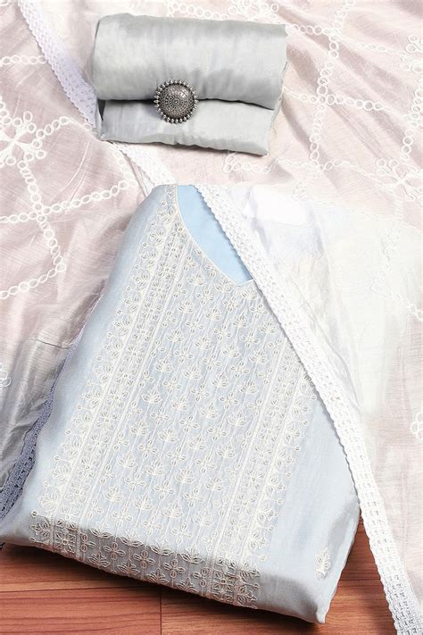 Buy Grey Silk Blend Machine Embroidered Unstitched Suit Set Online at ...