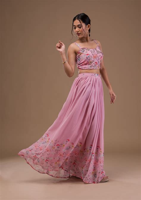 Buy Baby Pink Printed Georgette Readymade Lehenga - Koskii