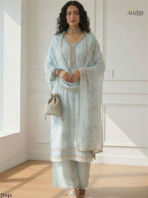 Alizeh 7041 To 7044 Georgette Embroidered Kurti Pant And Dupatta