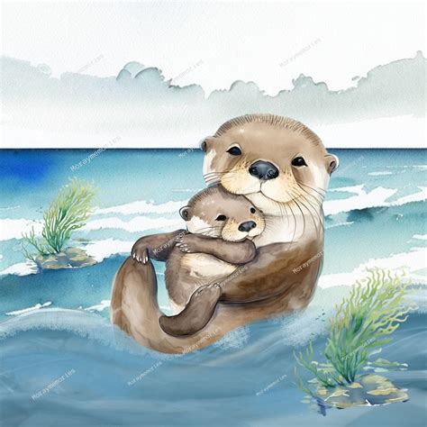 Otter, Sea Otter,watercolor Mom and Baby Otter Clipart, Otter, Otters ...