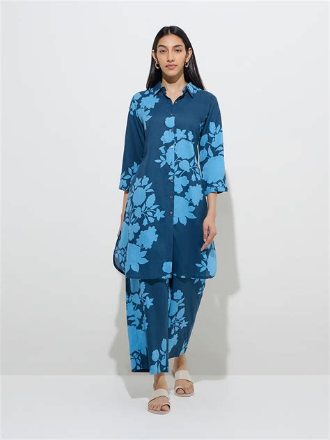 Buy Utsa Indigo Floral Printed A-Line Kurta from Westside