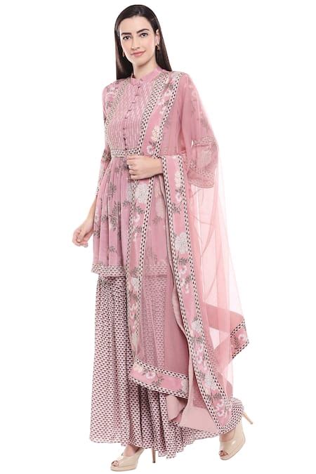 Buy Pink Crepe Floral Mandarin Collar Printed Kurta And Sharara Set For ...