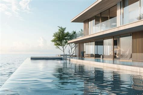 Modern oceanside villa with an infinity pool extends into the horizon ...