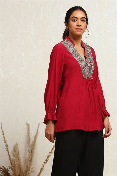 Buy Berry Red Embroidered A-Line Kurti Online at Biba India