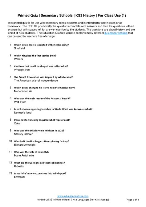 Printed Quiz KS3 History for Secondary Schools - Class Use - Studocu