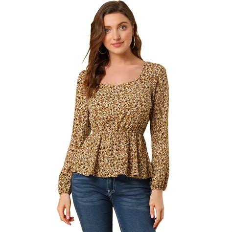 Women's Long Sleeve Square Neck Belted Peplum Floral Top Blouse