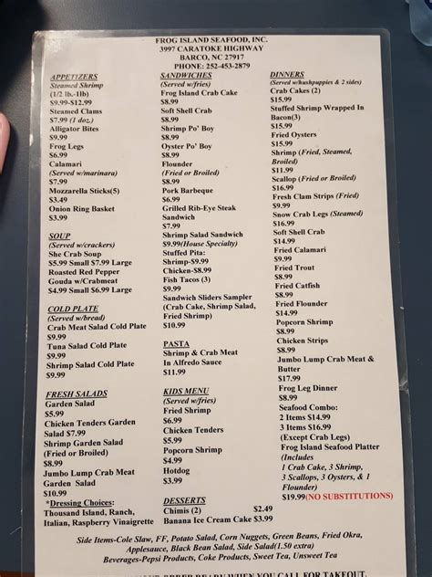 Menu at Frog Island Seafood Inc restaurant, Barco