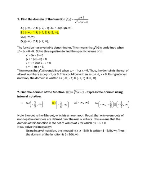 Pre-Calculus Practice Questions 1.1.2 - 1. Find the domain of the ...