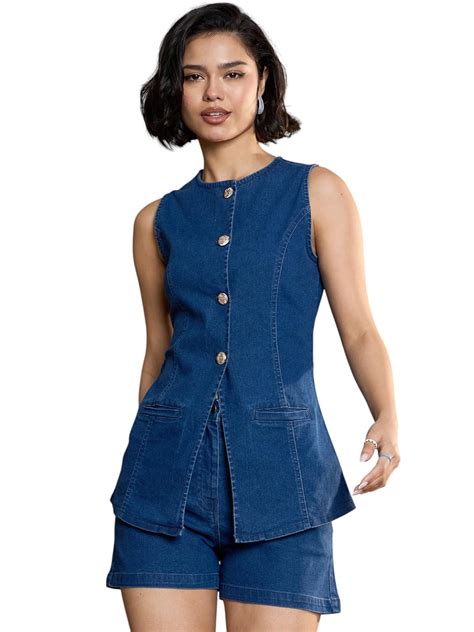 Sassafras Women's Navy Denim Front Open Sleeveless Top-XS : Amazon.in ...