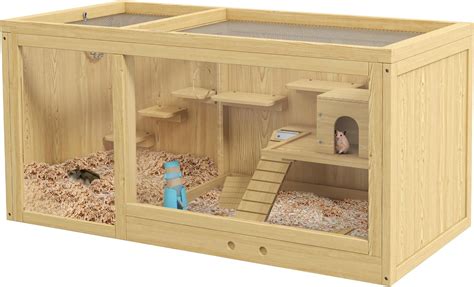 PawHut Wooden Hamster Cage with Water Bottle, Small Animal Exercise ...