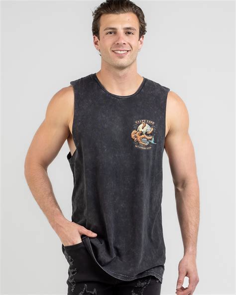 Shop Salty Life 40 Fathoms Deep Muscle Tank In Black Acid - Fast ...