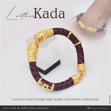 Lion Face Fancy Design High-Quality Gold Plated Leather kada for Men ...