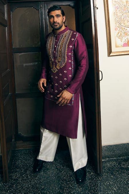 Buy Purple Silk Embroidered Floral Kurta And Pant Set For Men by Mayyur ...
