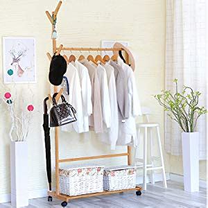House of Quirk Single Rail Bamboo Garment Rack with 6 Side Hook Tree ...