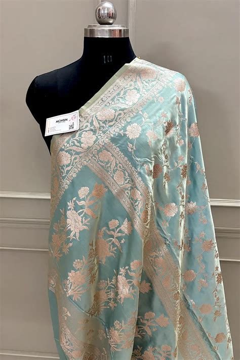 Firozi Kesari Jaal Katan Silk Banarasi Saree – Mohsin Textiles
