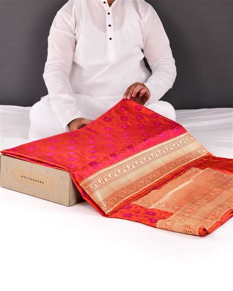 Shot Orange-Pink Banarasi Resham Floral Jaal Tanchoi Handwoven Katan S