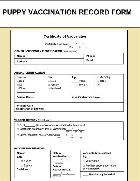 Pet Vaccination Record Template - Puppy Vaccination Record Form - Dog ...