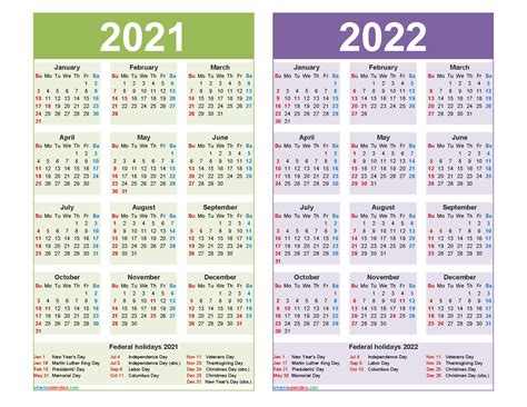 2021 2022 Calendar Printable With Holidays