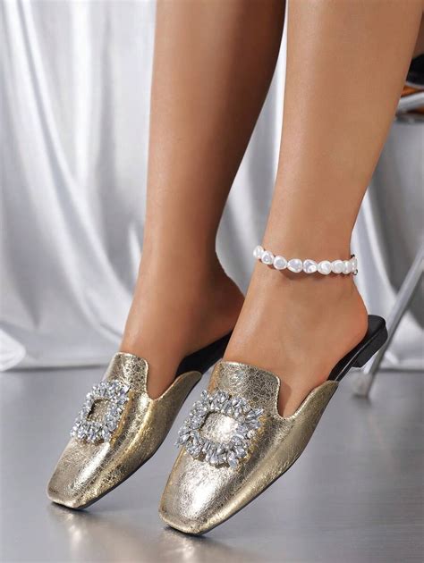 Women Metallic Rhinestone Decor Square Toe Flats, Glamorous Mule Flats ...
