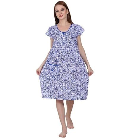 Buy Breezly Woman's Long Short Cotton Nighty Blue at Amazon.in