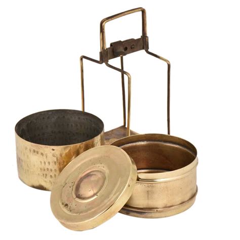 Traditional Brass Tiffin Box With Hammered Two Container Brass Strap Frame