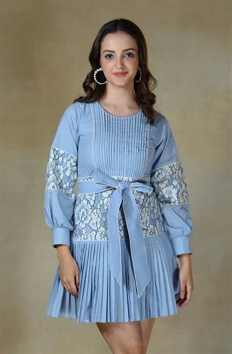 White Blue Pleated Dress – Ombrello Clothing