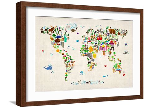 Art.com Animal Map of the World Art Print by Michael Tompsett, Brown Frame Wall Art, 23" x 17 ...