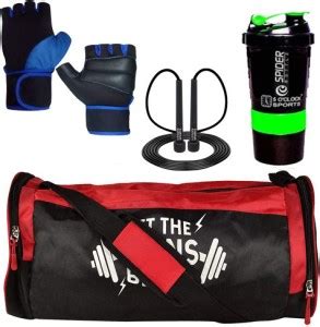 5 O' CLOCK SPORTS Combo Of Leather Red Gym Bag, Blue glove, skipping ...