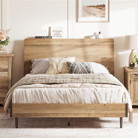 Amazon.com: LINSY Full Size Bed Frame Wood with Ergonomic Headboard ...