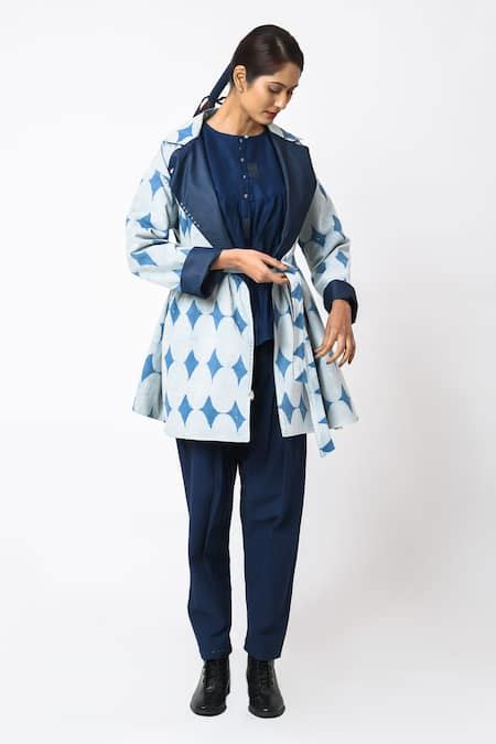 Buy Blue Cotton, Denim Collared Reversible Jacket With Belt For Women ...