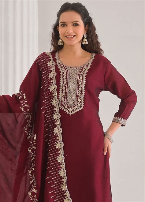 3 Pc Maroon Readymade Silk Dupatta Suit Set