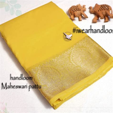 Handloom Maheshwari Saree Yellow Tissue Silk With Lustrous Zari Border ...